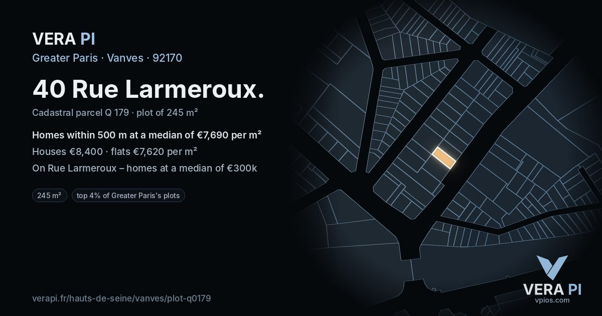 40 Rue Larmeroux, Vanves at night – the plot lit, the parcels around coloured by the prices near them