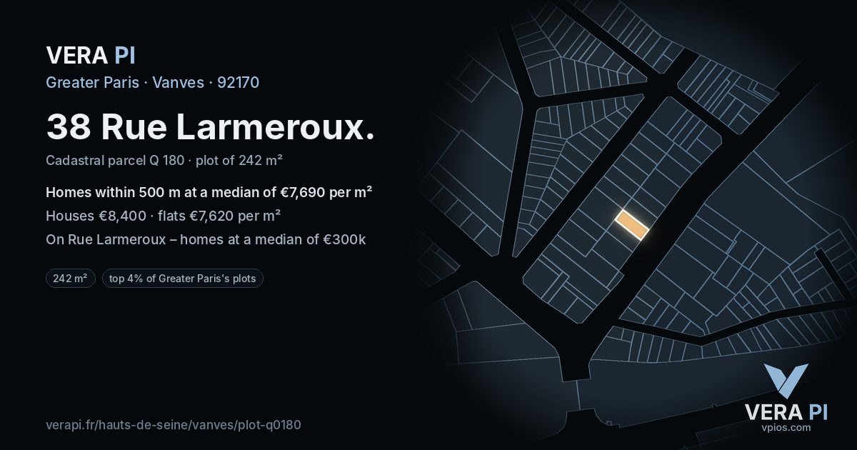 38 Rue Larmeroux, Vanves at night – the plot lit, the parcels around coloured by the prices near them