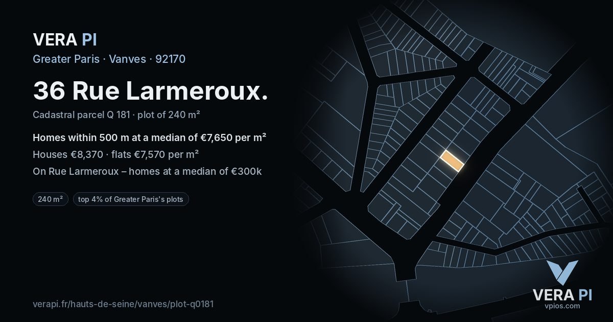 36 Rue Larmeroux, Vanves at night – the plot lit, the parcels around coloured by the prices near them