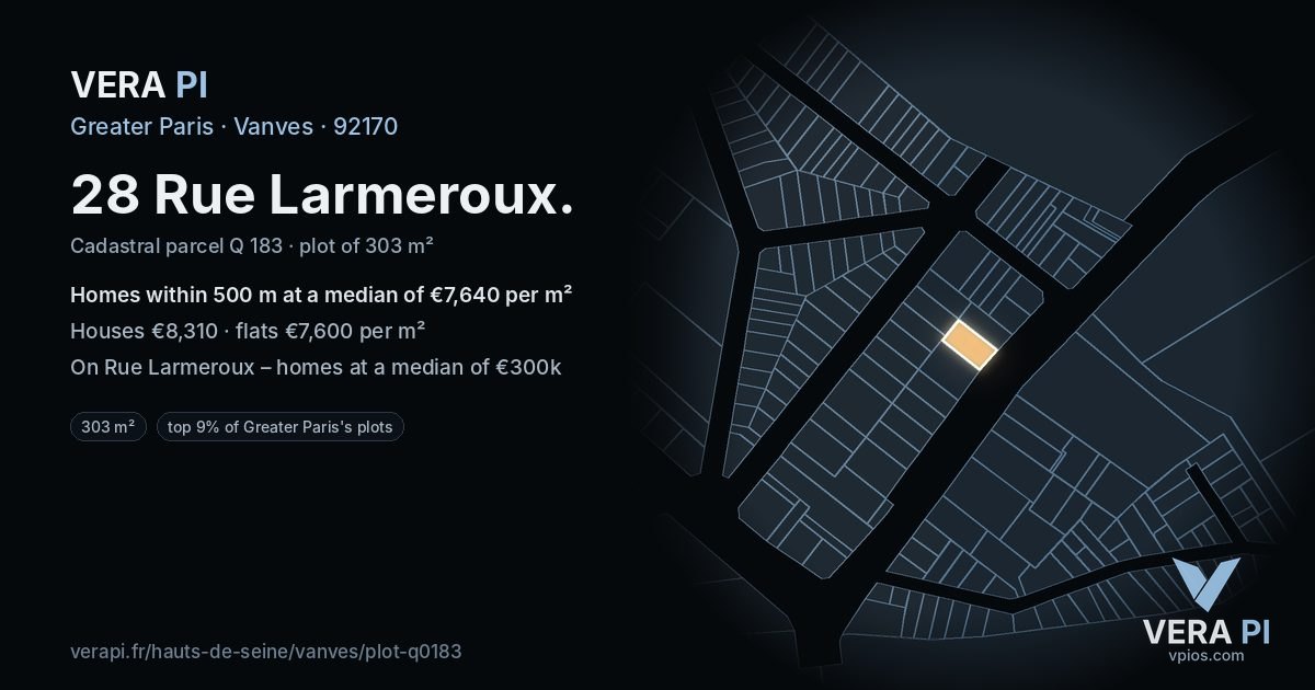 28 Rue Larmeroux, Vanves at night – the plot lit, the parcels around coloured by the prices near them