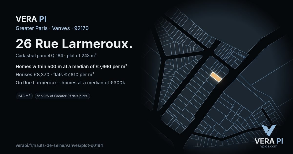 26 Rue Larmeroux, Vanves at night – the plot lit, the parcels around coloured by the prices near them