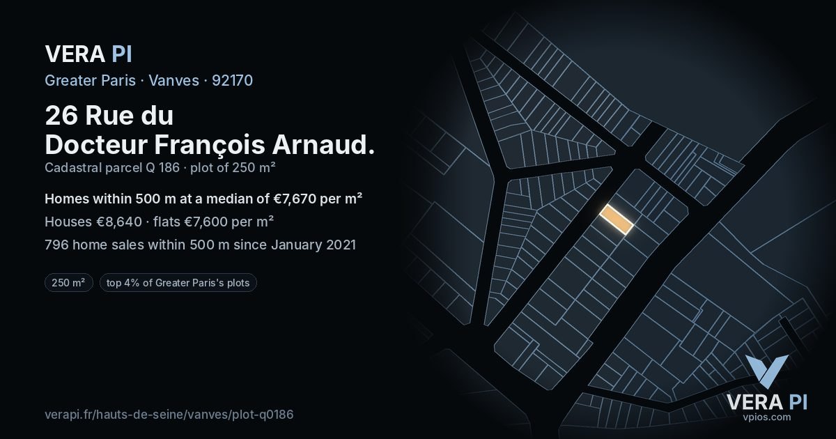 26 Rue du Docteur François Arnaud, Vanves at night – the plot lit, the parcels around coloured by the prices near them
