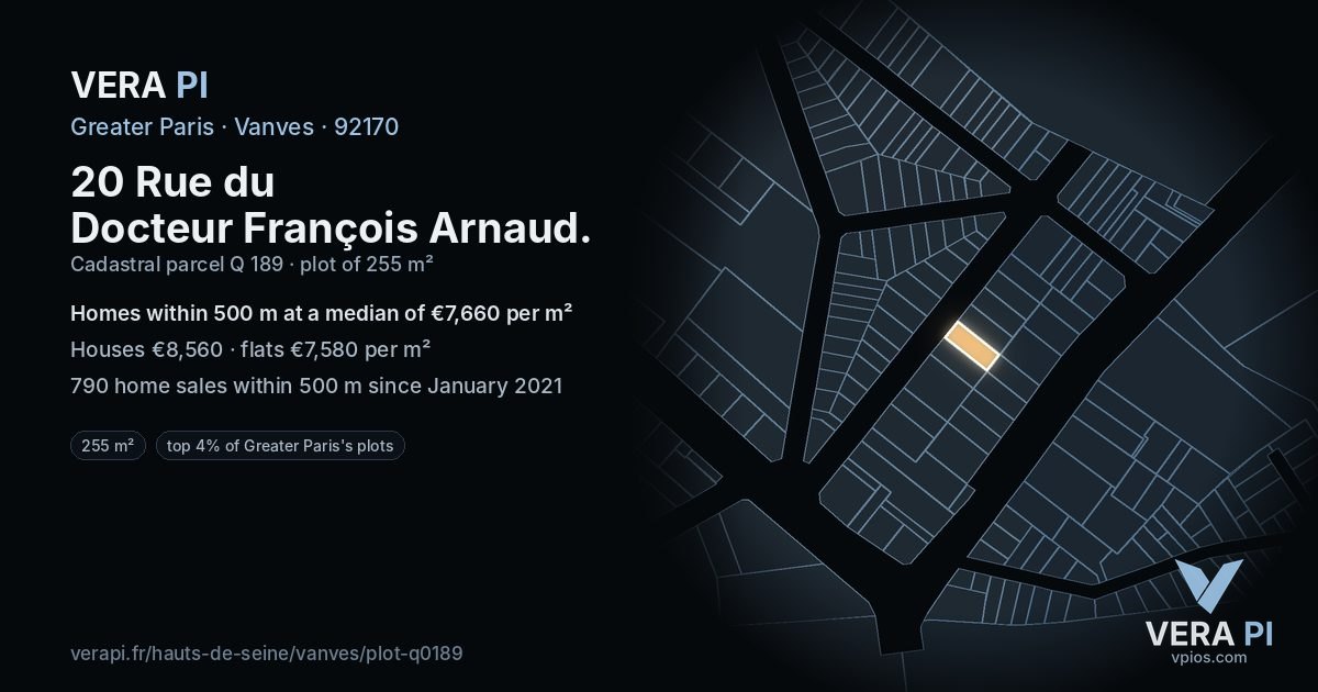 20 Rue du Docteur François Arnaud, Vanves at night – the plot lit, the parcels around coloured by the prices near them