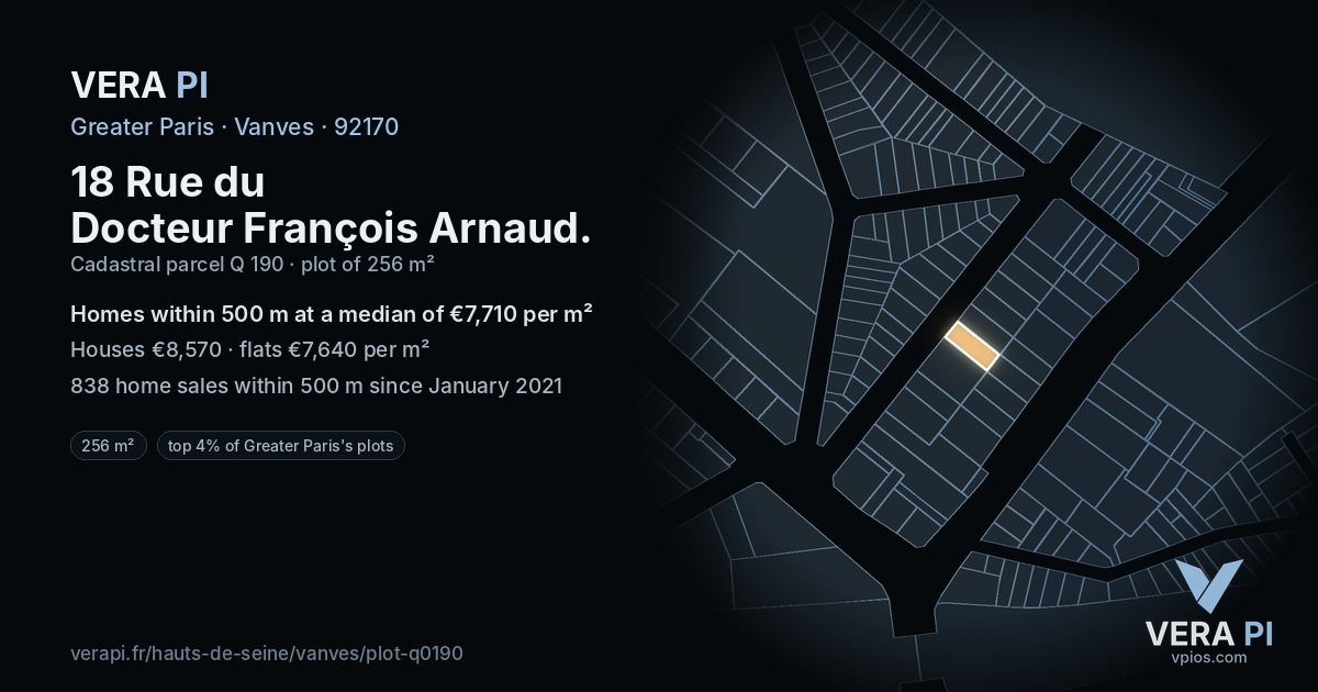 18 Rue du Docteur François Arnaud, Vanves at night – the plot lit, the parcels around coloured by the prices near them