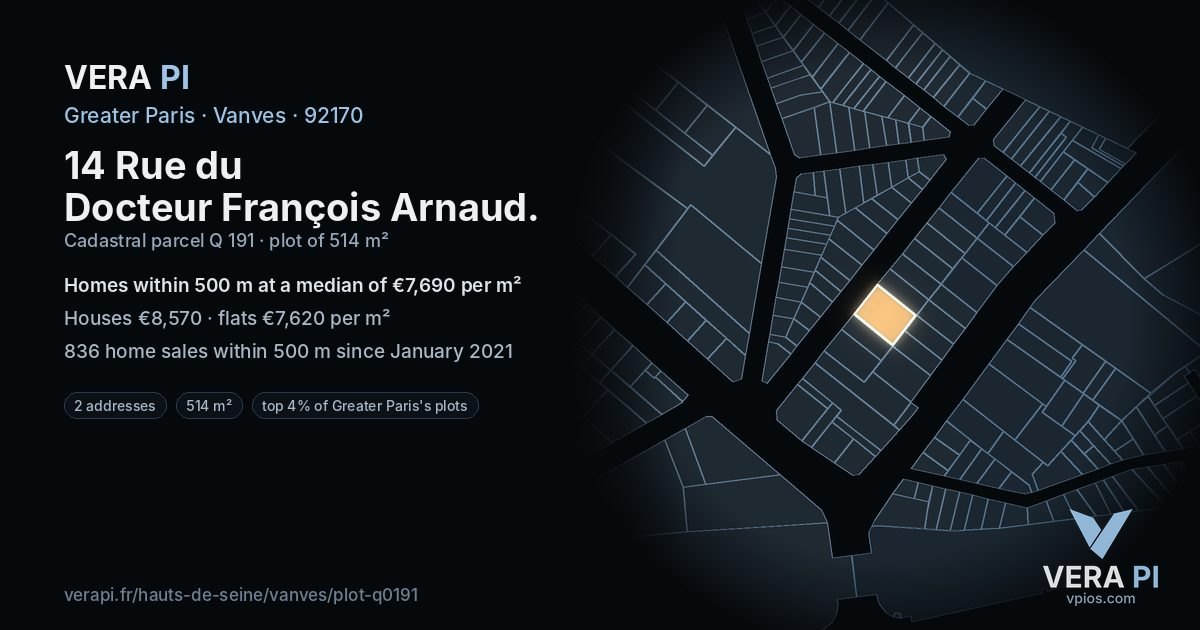 14 Rue du Docteur François Arnaud, Vanves at night – the plot lit, the parcels around coloured by the prices near them