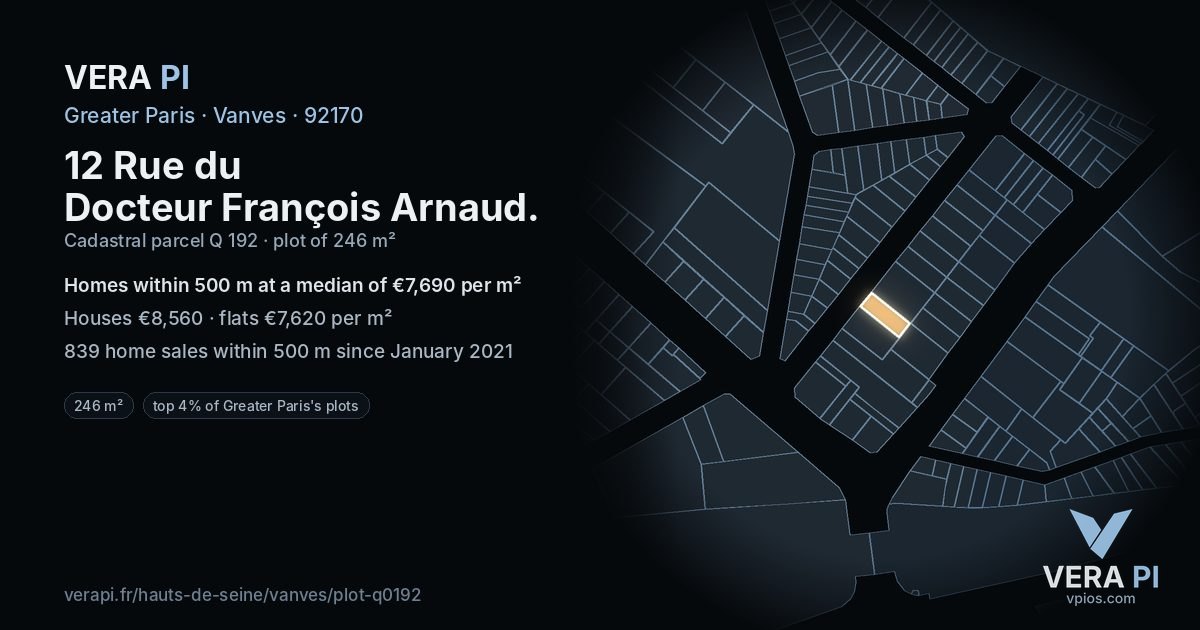 12 Rue du Docteur François Arnaud, Vanves at night – the plot lit, the parcels around coloured by the prices near them