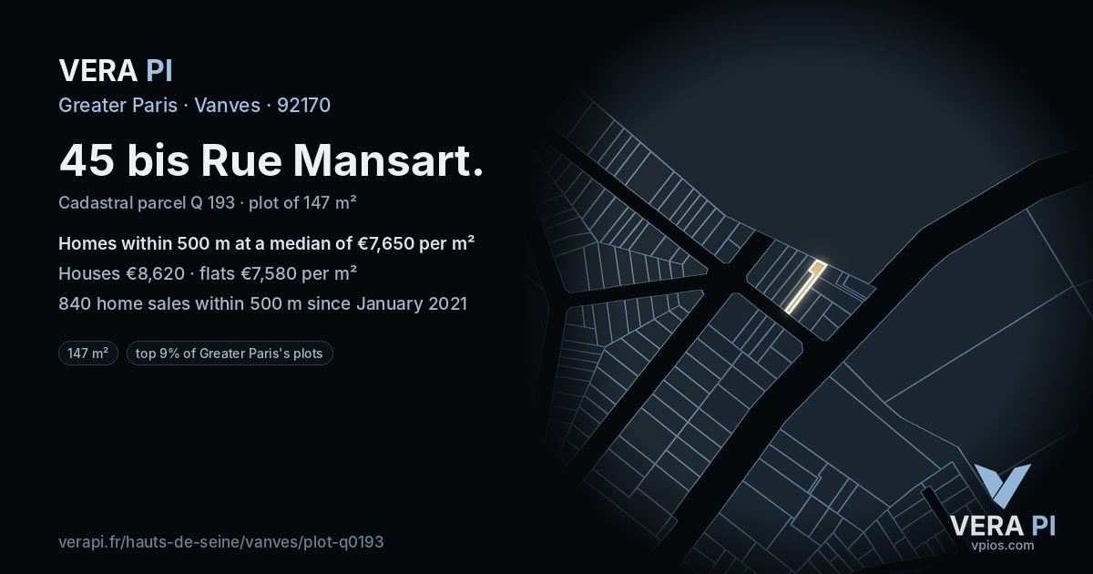 45 bis Rue Mansart, Vanves at night – the plot lit, the parcels around coloured by the prices near them