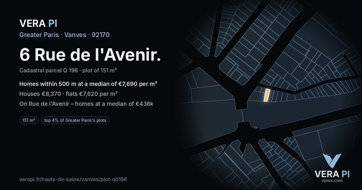 6 Rue de l'Avenir, Vanves at night – the plot lit, the parcels around coloured by the prices near them