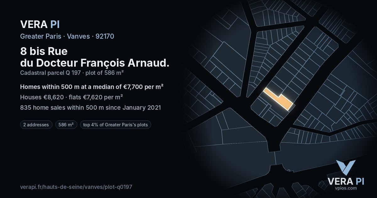 8 bis Rue du Docteur François Arnaud, Vanves at night – the plot lit, the parcels around coloured by the prices near them