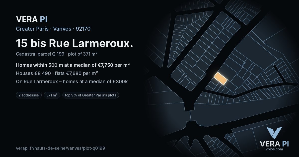 15 bis Rue Larmeroux, Vanves at night – the plot lit, the parcels around coloured by the prices near them