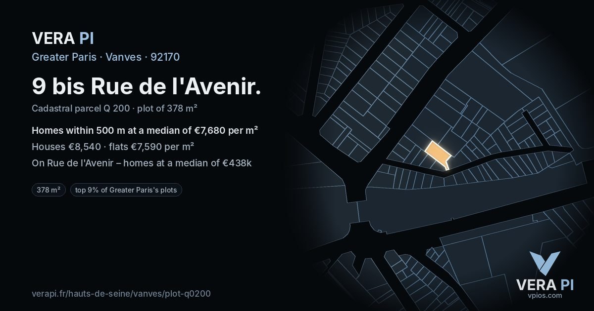 9 bis Rue de l'Avenir, Vanves at night – the plot lit, the parcels around coloured by the prices near them
