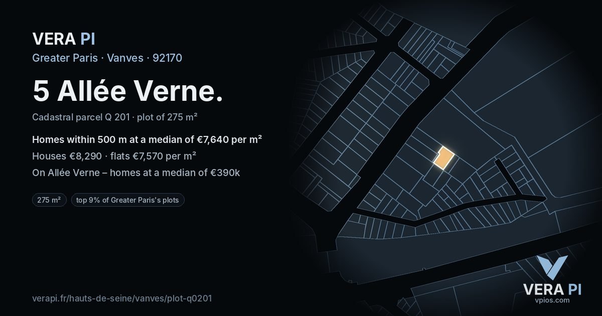 5 Allée Verne, Vanves at night – the plot lit, the parcels around coloured by the prices near them