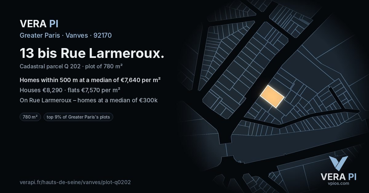 13 bis Rue Larmeroux, Vanves at night – the plot lit, the parcels around coloured by the prices near them