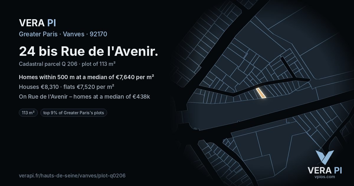 24 bis Rue de l'Avenir, Vanves at night – the plot lit, the parcels around coloured by the prices near them