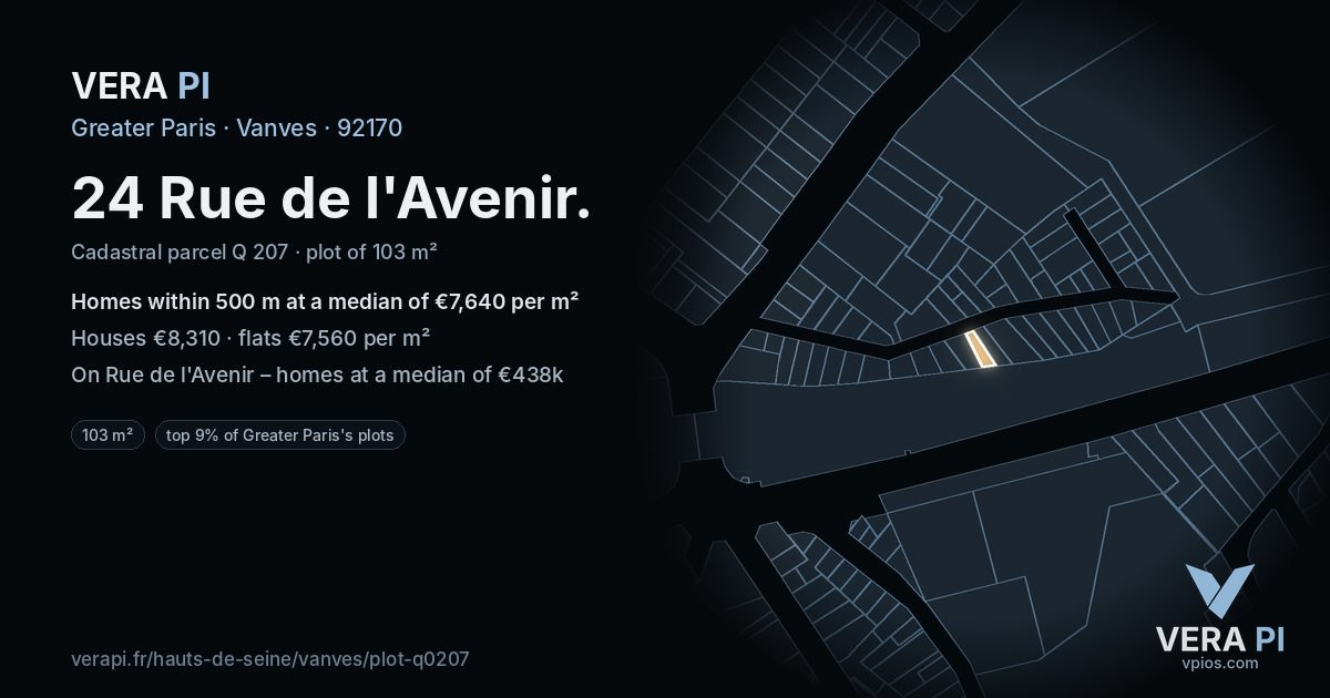24 Rue de l'Avenir, Vanves at night – the plot lit, the parcels around coloured by the prices near them