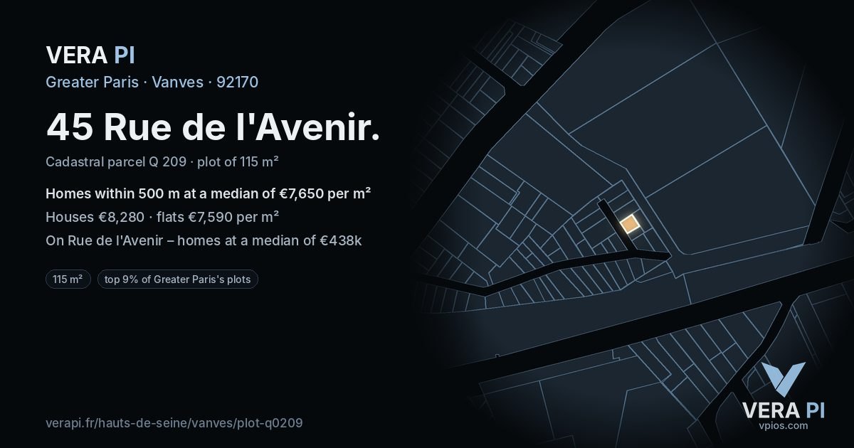45 Rue de l'Avenir, Vanves at night – the plot lit, the parcels around coloured by the prices near them