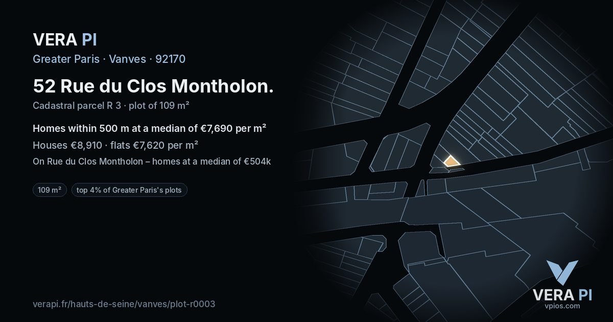 52 Rue du Clos Montholon, Vanves at night – the plot lit, the parcels around coloured by the prices near them
