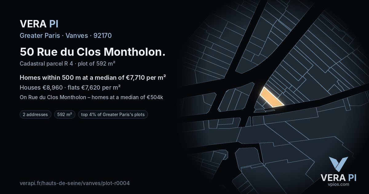 50 Rue du Clos Montholon, Vanves at night – the plot lit, the parcels around coloured by the prices near them