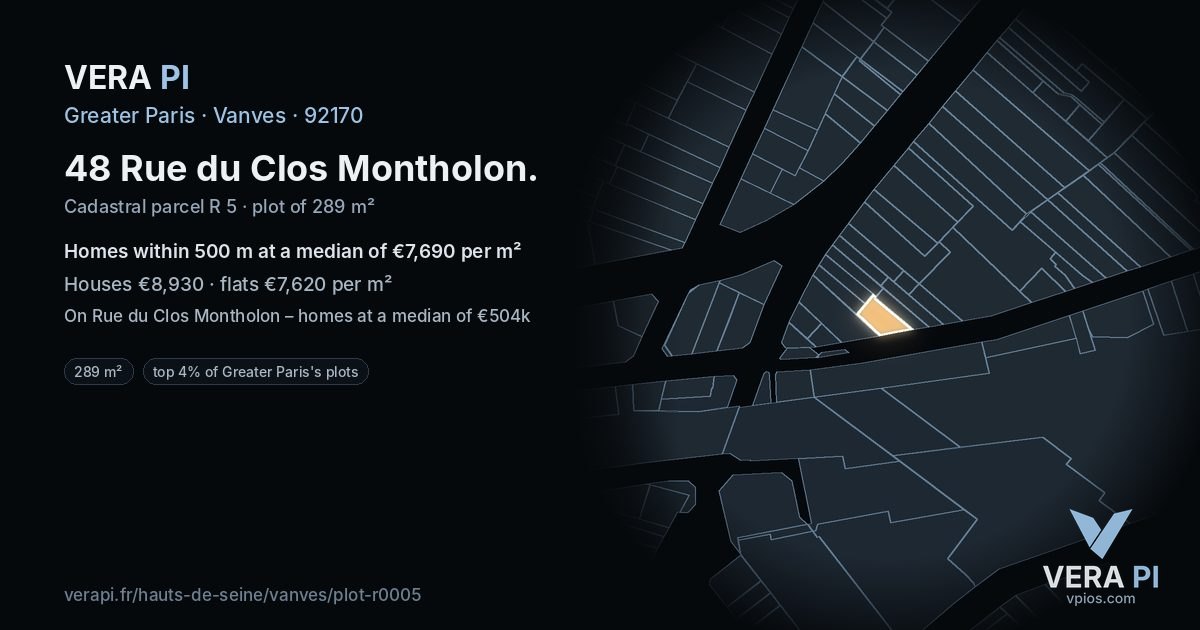 48 Rue du Clos Montholon, Vanves at night – the plot lit, the parcels around coloured by the prices near them
