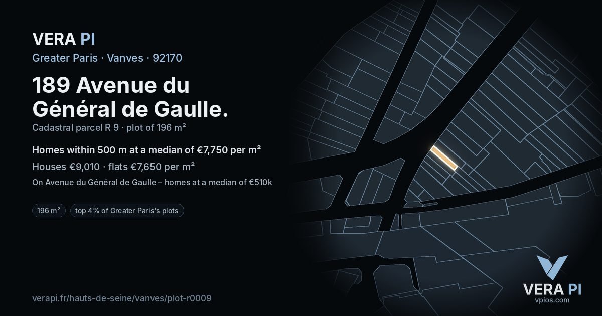 189 Avenue du Général de Gaulle, Vanves at night – the plot lit, the parcels around coloured by the prices near them