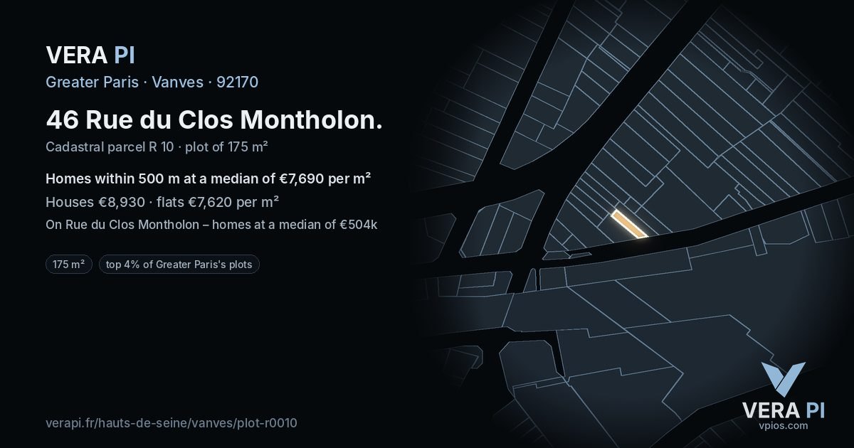 46 Rue du Clos Montholon, Vanves at night – the plot lit, the parcels around coloured by the prices near them