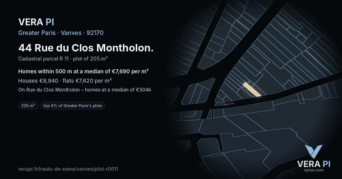 44 Rue du Clos Montholon, Vanves at night – the plot lit, the parcels around coloured by the prices near them