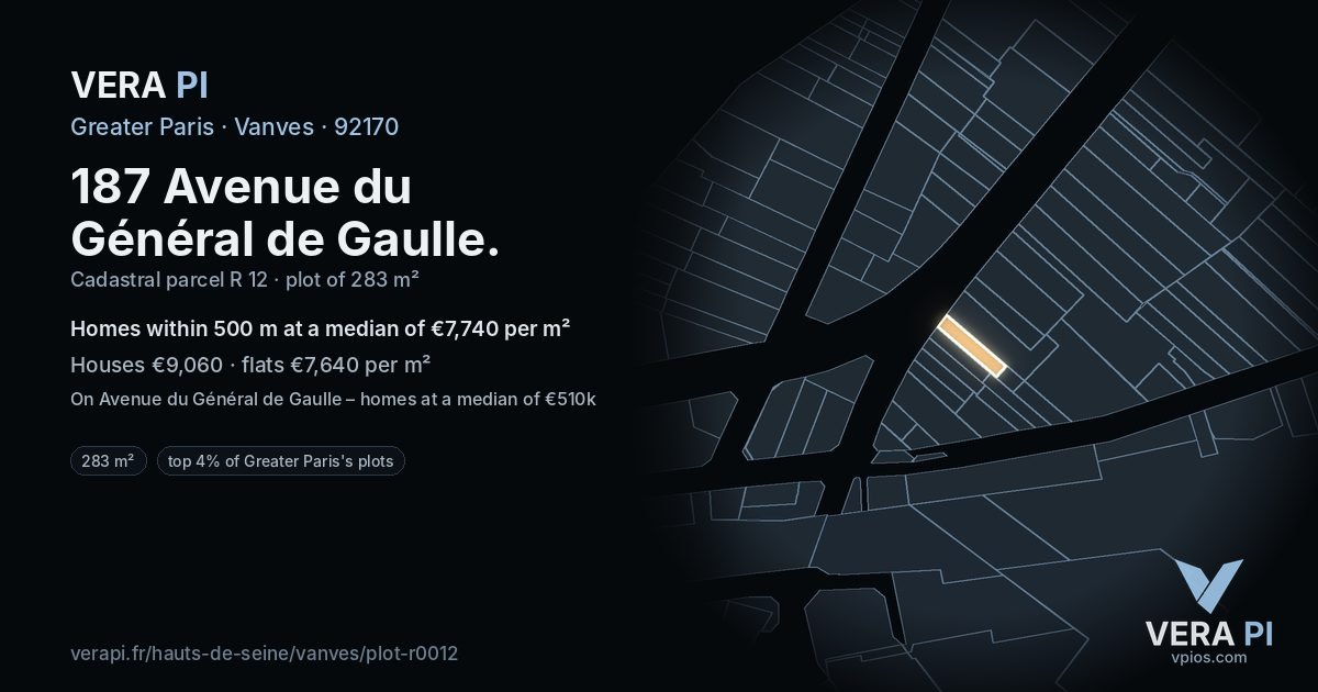 187 Avenue du Général de Gaulle, Vanves at night – the plot lit, the parcels around coloured by the prices near them