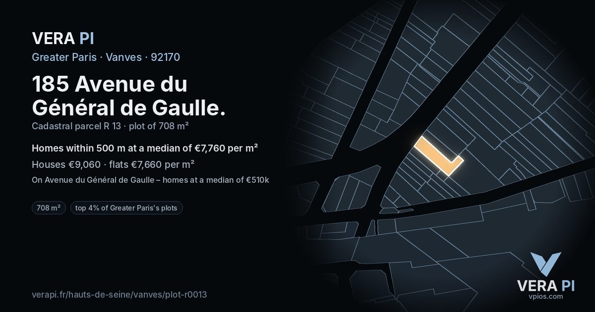 185 Avenue du Général de Gaulle, Vanves at night – the plot lit, the parcels around coloured by the prices near them