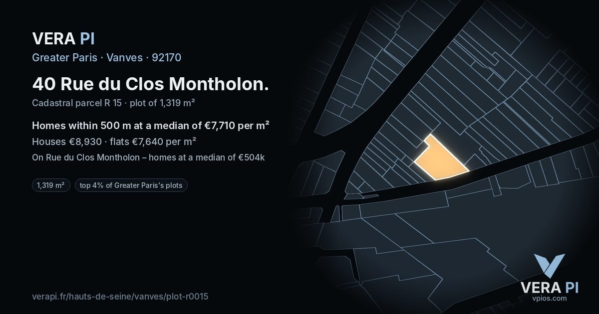 40 Rue du Clos Montholon, Vanves at night – the plot lit, the parcels around coloured by the prices near them