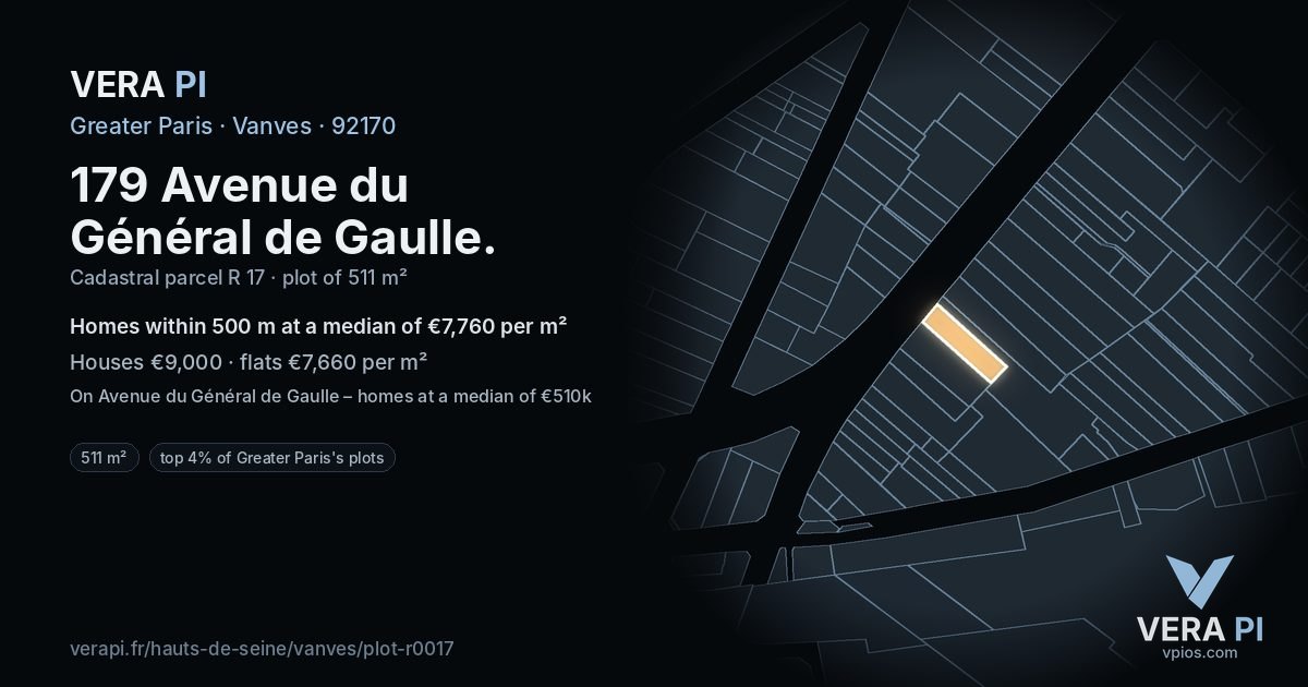 179 Avenue du Général de Gaulle, Vanves at night – the plot lit, the parcels around coloured by the prices near them