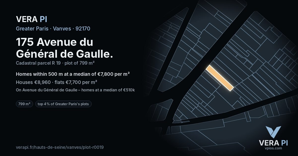 175 Avenue du Général de Gaulle, Vanves at night – the plot lit, the parcels around coloured by the prices near them