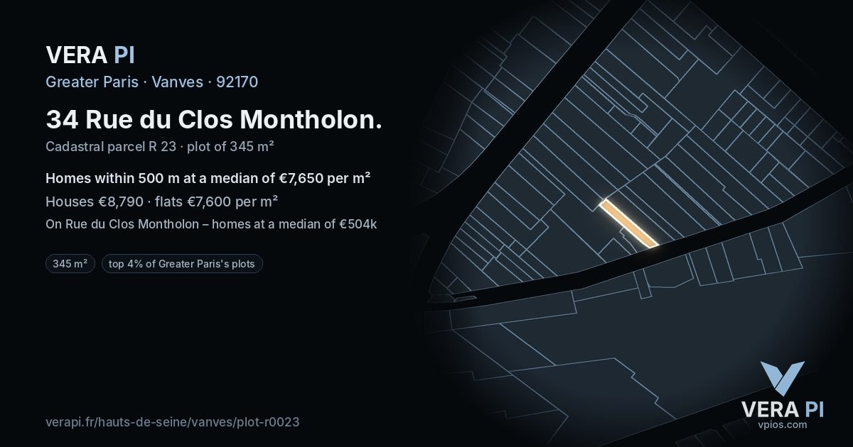 34 Rue du Clos Montholon, Vanves at night – the plot lit, the parcels around coloured by the prices near them