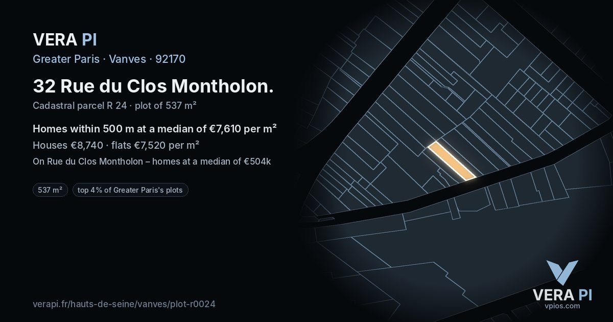 32 Rue du Clos Montholon, Vanves at night – the plot lit, the parcels around coloured by the prices near them