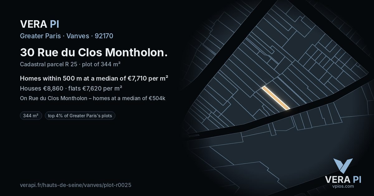 30 Rue du Clos Montholon, Vanves at night – the plot lit, the parcels around coloured by the prices near them