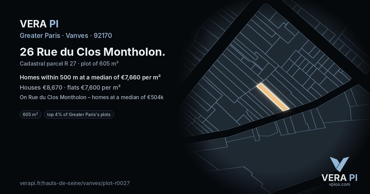 26 Rue du Clos Montholon, Vanves at night – the plot lit, the parcels around coloured by the prices near them