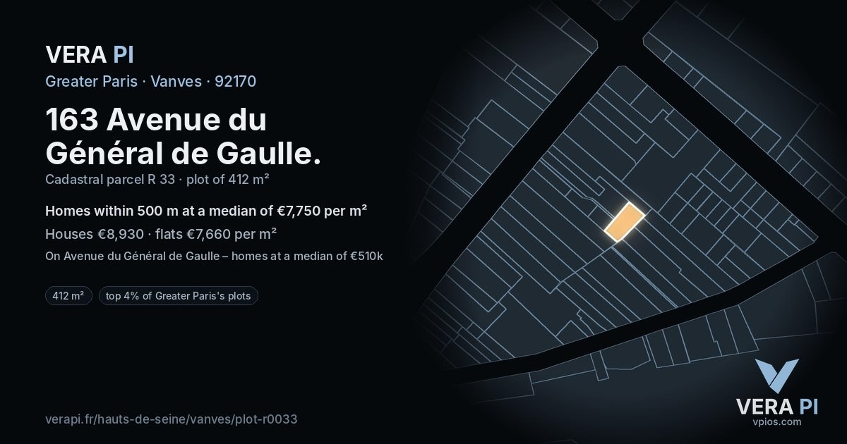 163 Avenue du Général de Gaulle, Vanves at night – the plot lit, the parcels around coloured by the prices near them