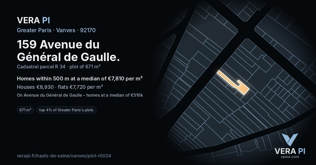 159 Avenue du Général de Gaulle, Vanves at night – the plot lit, the parcels around coloured by the prices near them