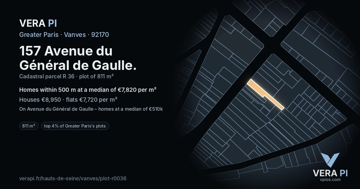 157 Avenue du Général de Gaulle, Vanves at night – the plot lit, the parcels around coloured by the prices near them