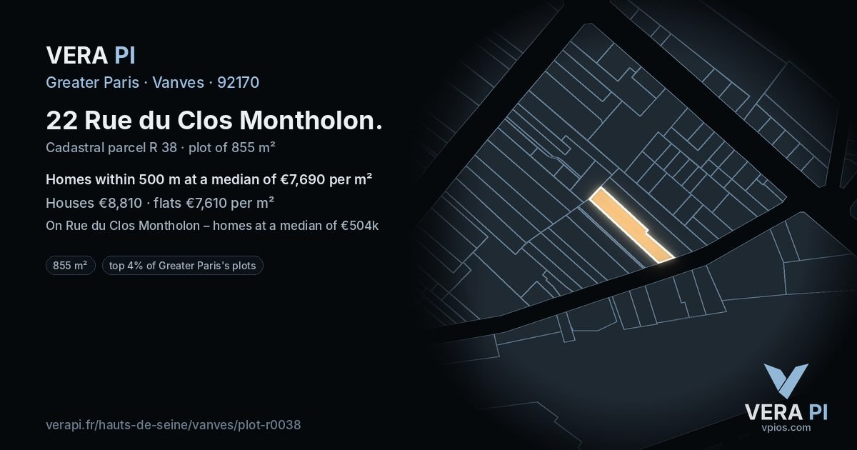 22 Rue du Clos Montholon, Vanves at night – the plot lit, the parcels around coloured by the prices near them