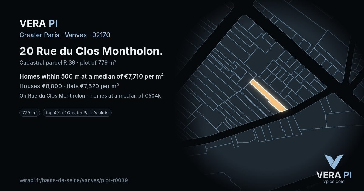 20 Rue du Clos Montholon, Vanves at night – the plot lit, the parcels around coloured by the prices near them