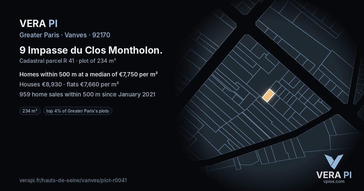 9 Impasse du Clos Montholon, Vanves at night – the plot lit, the parcels around coloured by the prices near them