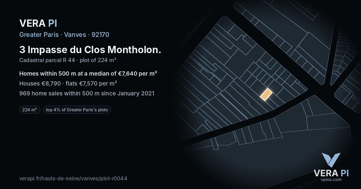 3 Impasse du Clos Montholon, Vanves at night – the plot lit, the parcels around coloured by the prices near them