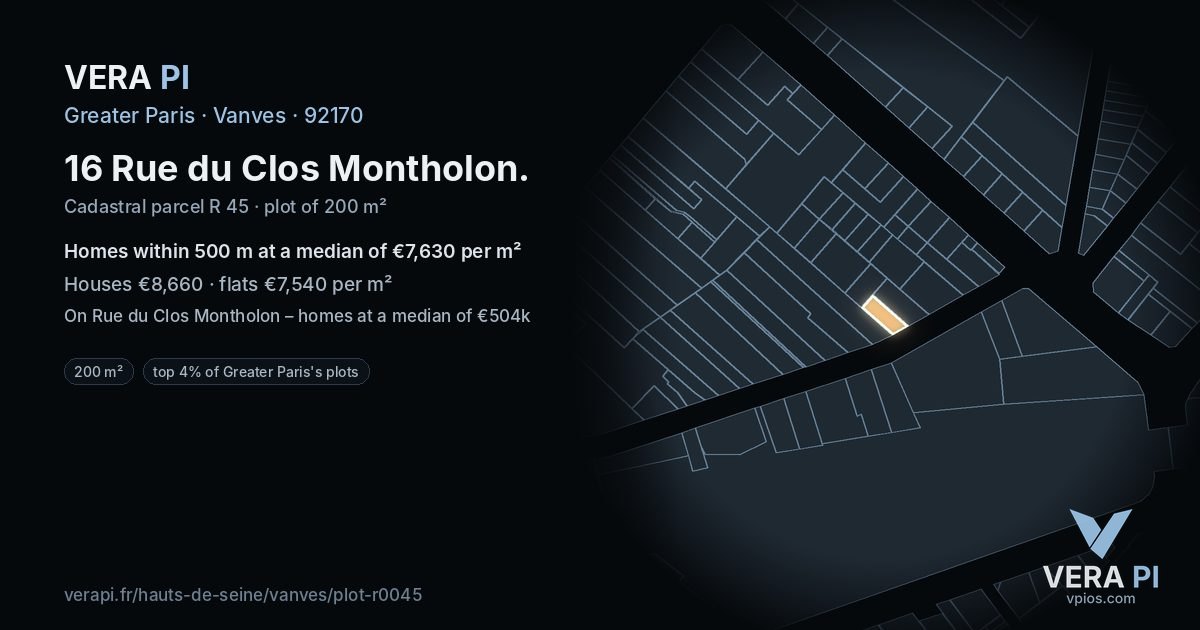 16 Rue du Clos Montholon, Vanves at night – the plot lit, the parcels around coloured by the prices near them