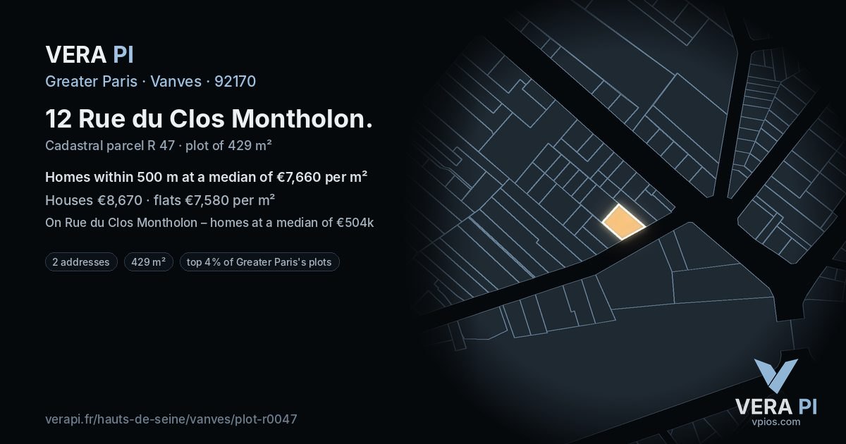 12 Rue du Clos Montholon, Vanves at night – the plot lit, the parcels around coloured by the prices near them