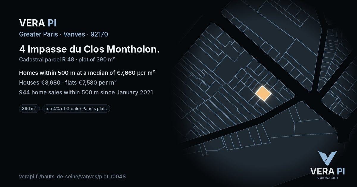 4 Impasse du Clos Montholon, Vanves at night – the plot lit, the parcels around coloured by the prices near them