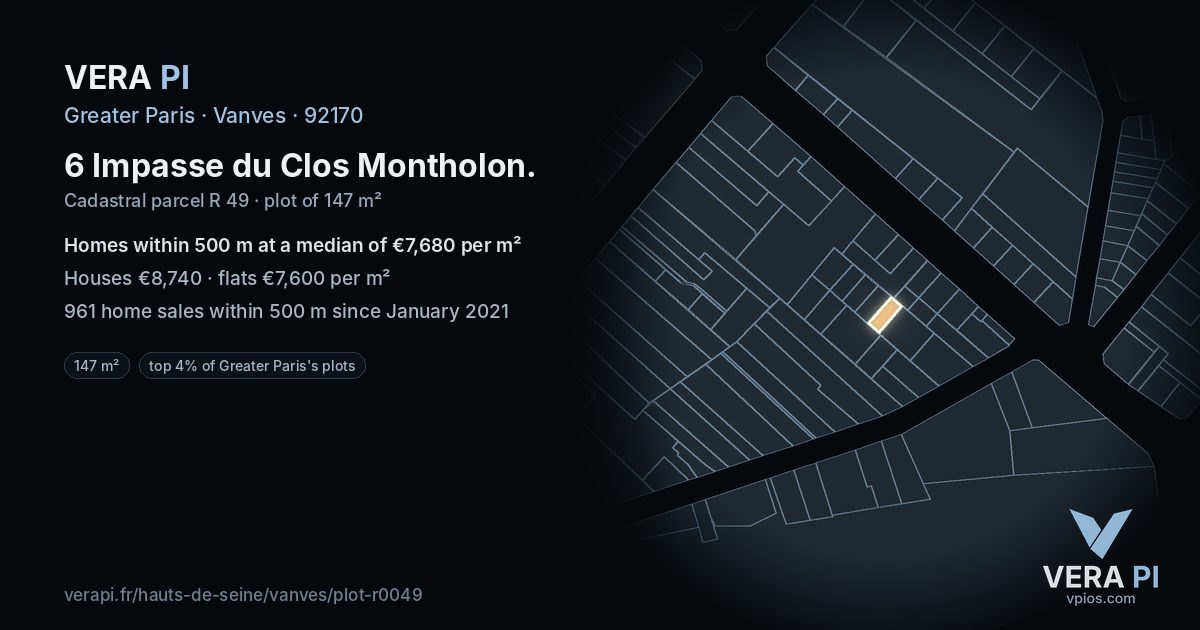 6 Impasse du Clos Montholon, Vanves at night – the plot lit, the parcels around coloured by the prices near them