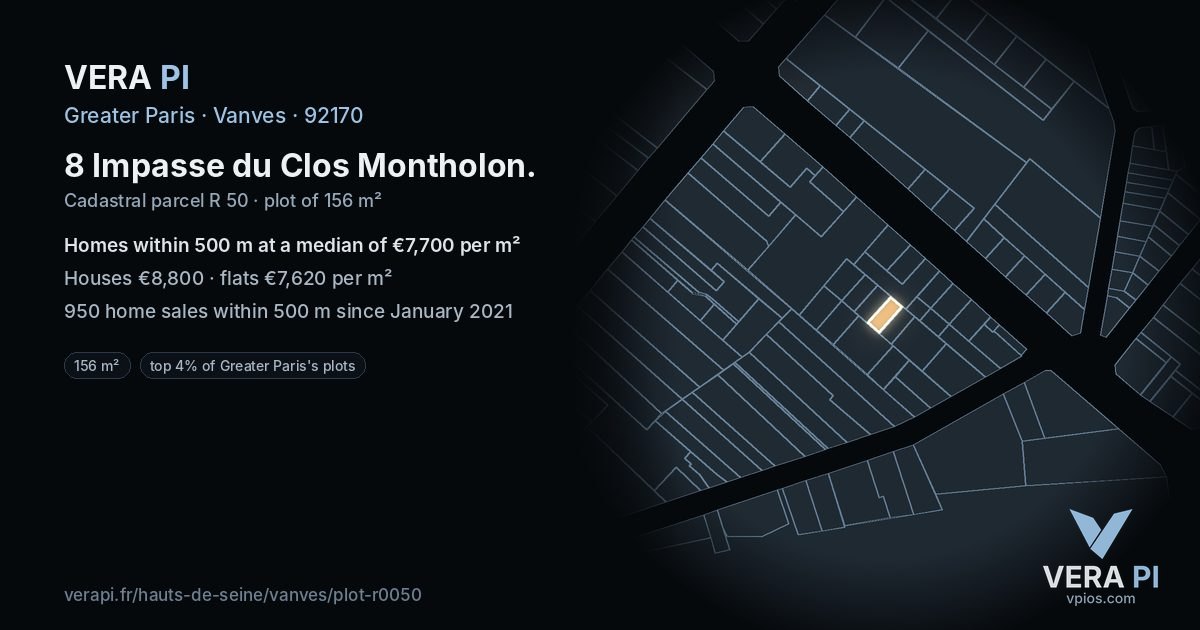 8 Impasse du Clos Montholon, Vanves at night – the plot lit, the parcels around coloured by the prices near them