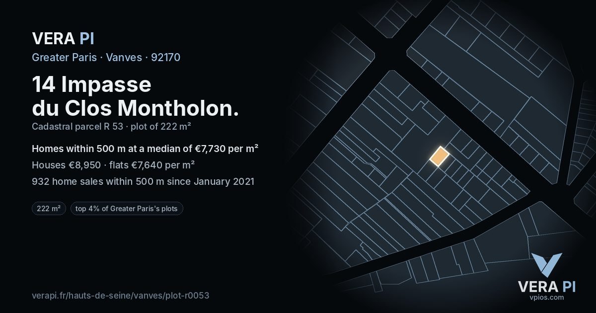 14 Impasse du Clos Montholon, Vanves at night – the plot lit, the parcels around coloured by the prices near them