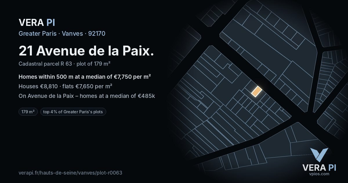 21 Avenue de la Paix, Vanves at night – the plot lit, the parcels around coloured by the prices near them