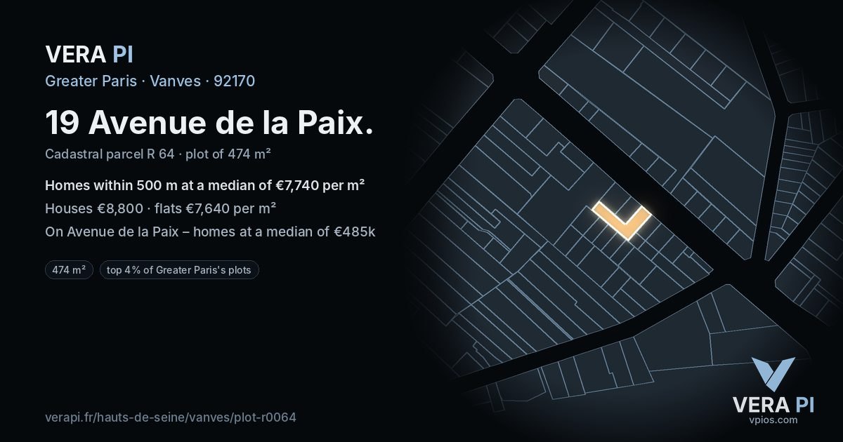 19 Avenue de la Paix, Vanves at night – the plot lit, the parcels around coloured by the prices near them
